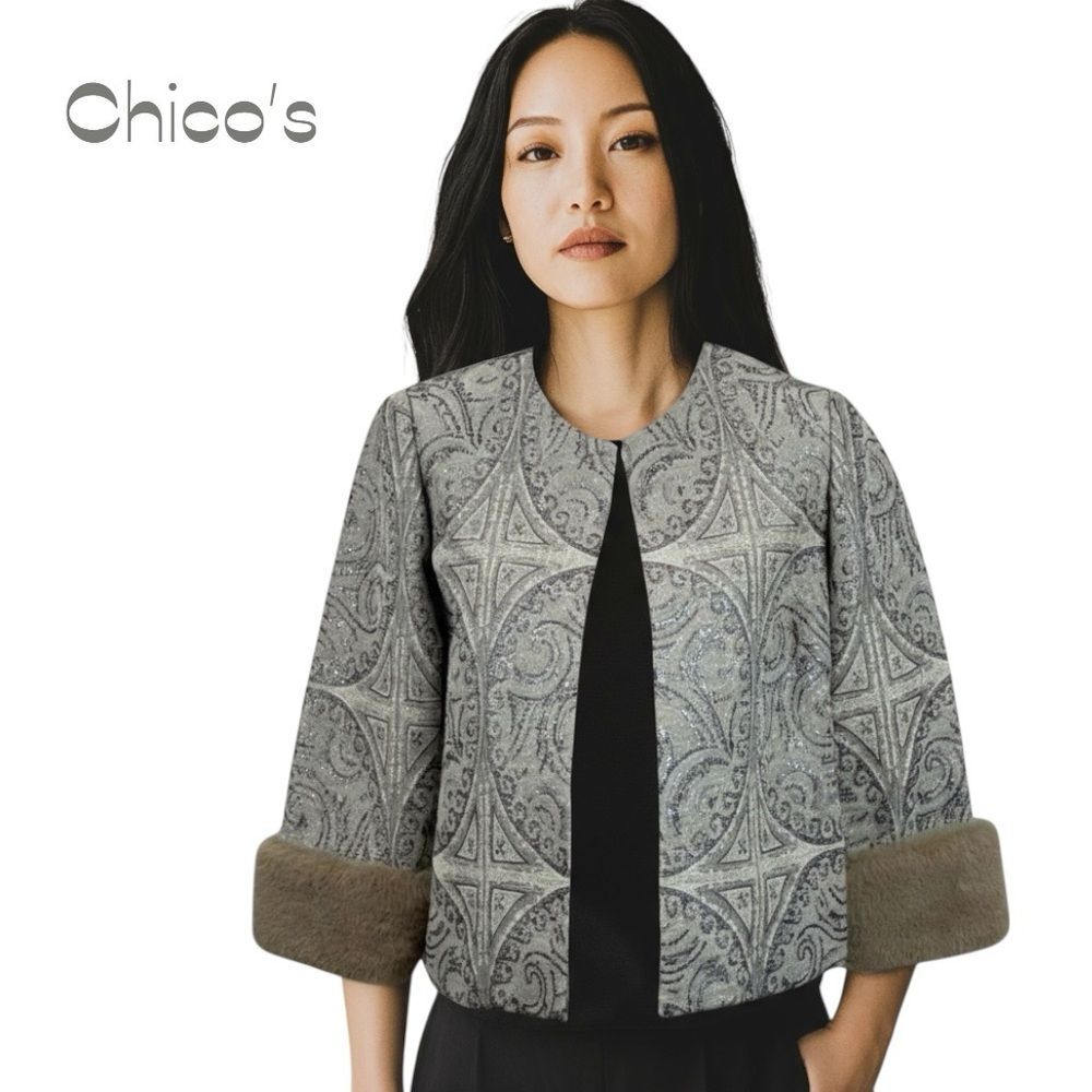 Chico’s Tan Metallic Faux Fur Jacket Size 4P MobWife Maximalist